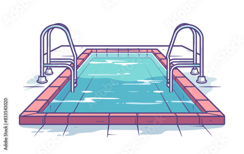 A swimming pool with pink and blue tiles, clear water, and metal ladders on both sides. Flat vector illustration.