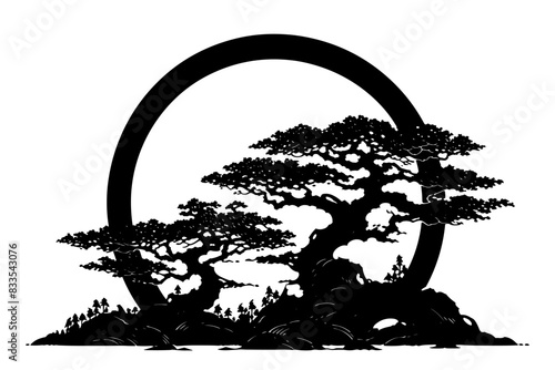 Silhouettes of Japanese bonsai trees against a large circular background, creating a serene and artistic composition. Flat vector illustration.
