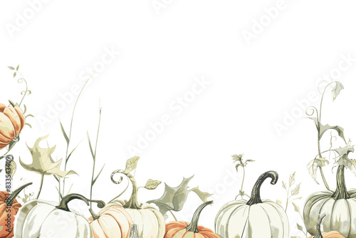 An arrangement of pumpkins and autumn leaves, set against a light background, showcasing various shapes and sizes. Flat vector illustration.