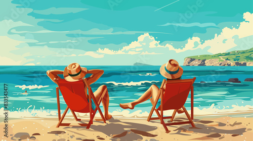 A couple lounging on beach chairs facing the ocean, enjoying a sunny day with clear skies and a tranquil beach scene. Flat vector illustration.