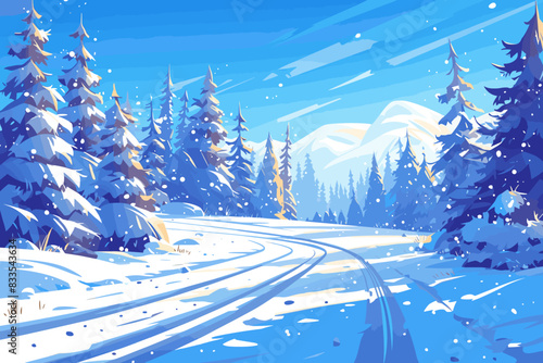 A picturesque winter landscape featuring a snow-covered forest. The tall trees are heavily laden with snow, creating a serene and beautiful winter scene.