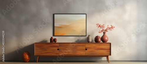 Wooden shelf in the room with empty frame