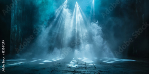 An empty stage with a spotlight  on dark background The dark stage shows  dark blue background  an empty dark scene