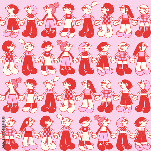 Cartoon young women (girls) holding hands vector seamless pattern.
