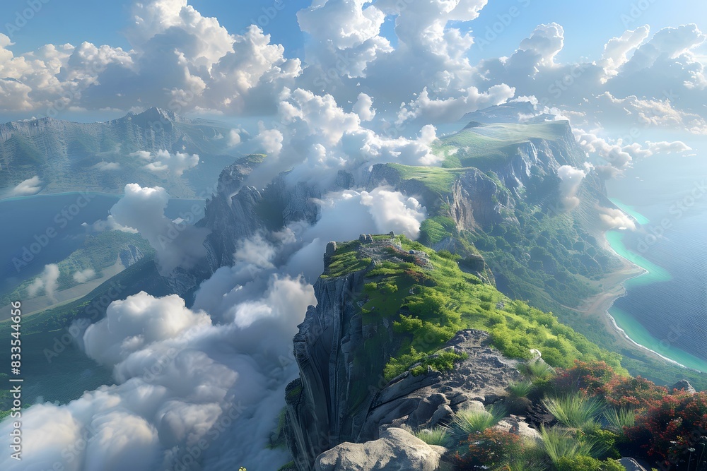 The mountain is covered with green trees and there are white clouds around the foot of the mountain. The cliff is very steep and the scenery is spectacular. The mountain is covered with green trees and there are white clouds around the foot of the mountain. The cliff is very steep and the scenery is spectacular.