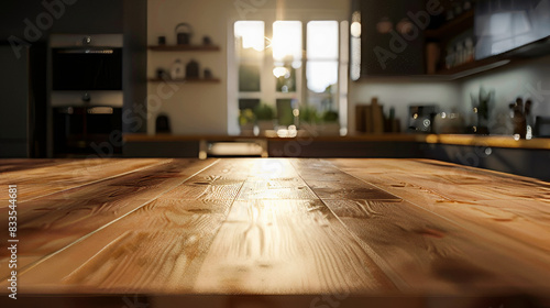 Wallpaper Mural Empty kitchen with wooden counter as product mockup background, morning light coming through the window Torontodigital.ca