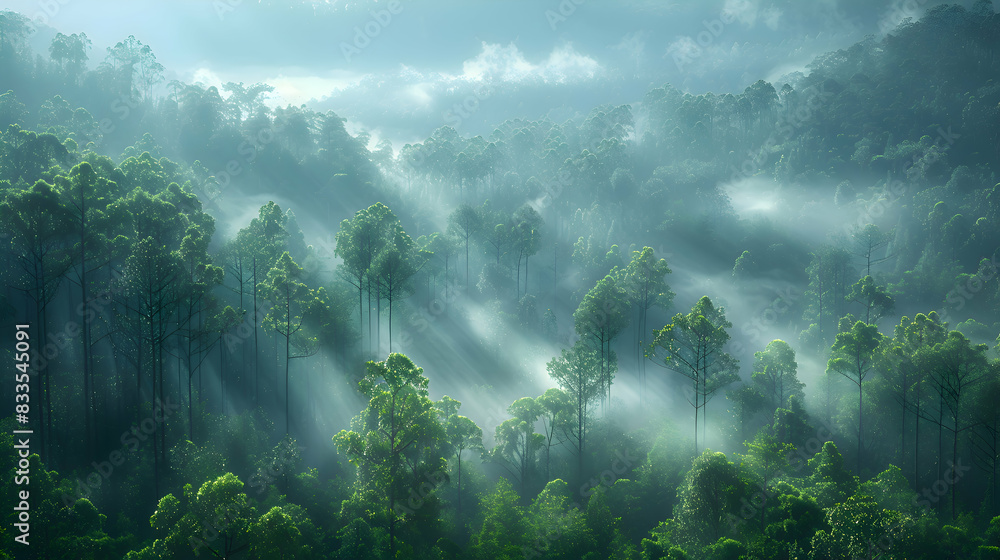 A misty morning in a nature rainforest, the fog creating a mysterious atmosphere among the tall trees A misty morning in a nature rainforest, the fog creating a mysterious atmosphere among the tall trees