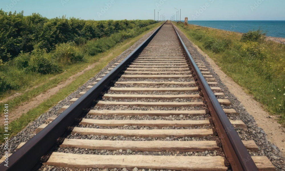 Obraz premium Railroad tracks along sea coast. Generative AI