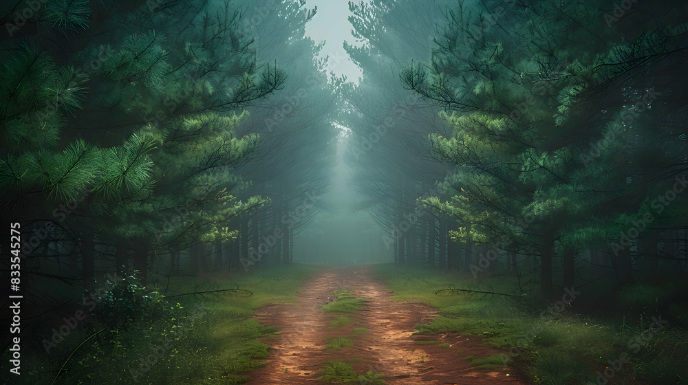 Fototapeta premium A misty morning in a nature forest, the fog creating a mysterious atmosphere among the tall pine trees
