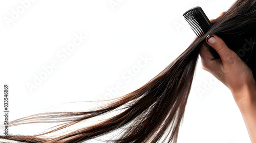Hairdresser combing a wig after clean it in the salon isolated on white background, png
 photo