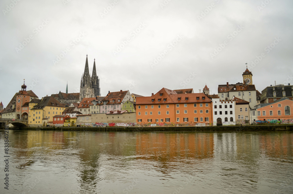 View of Regensburg old town from Danube river View of Regensburg old town from Danube river
