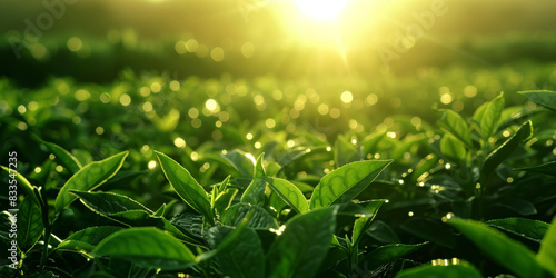 A vibrant image capturing the freshness of dew on green tea leaves with a sunlight bokeh effect