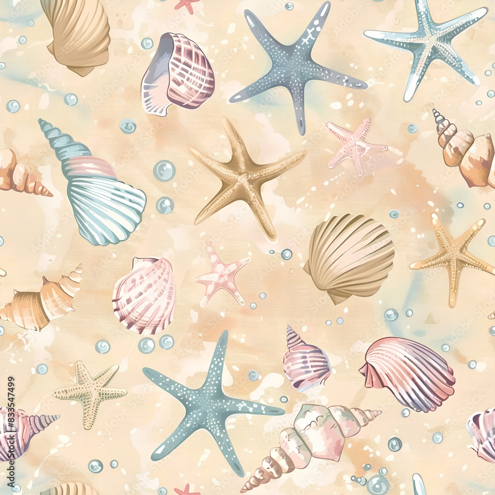 Watercolor Seashells and Starfish Pattern, Marine Design, Soft Pastel Colors, Background Watercolor Seashells and Starfish Pattern, Marine Design, Soft Pastel Colors, Background