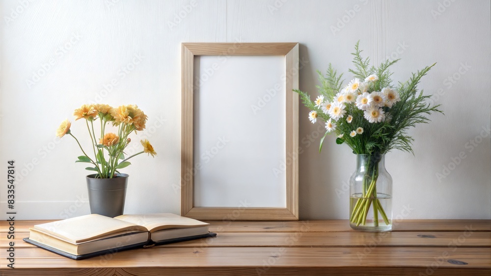there is a picture frame on a table with a book and flowers, on a white table, poster composition, fotografia, minimalistic composition, poster background, on wooden table, wooden desks with books, there is a picture frame on a table with a book and flowers, on a white table, poster composition, fotografia, minimalistic composition, poster background, on wooden table, wooden desks with books,