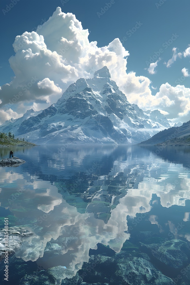 A beautiful landscape with a mountain and a lake reflecting the sky A beautiful landscape with a mountain and a lake reflecting the sky