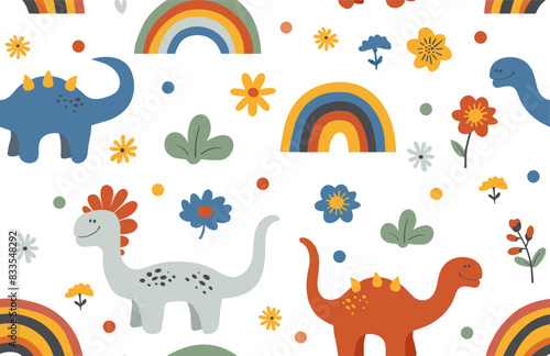 Seamless abstract pattern with hand drawn dinosaurs dino flowers