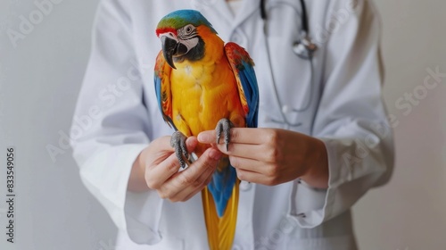 Veterinarian holding a gentle parrot during a checkup, showing care and professionalism. Veterinarian doctor holding cute animal
