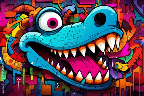 doodle background design, colorful crocodile graffiti art