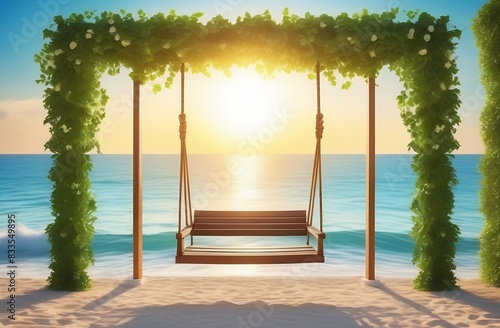 A swing near the ocean on a sandy shore.