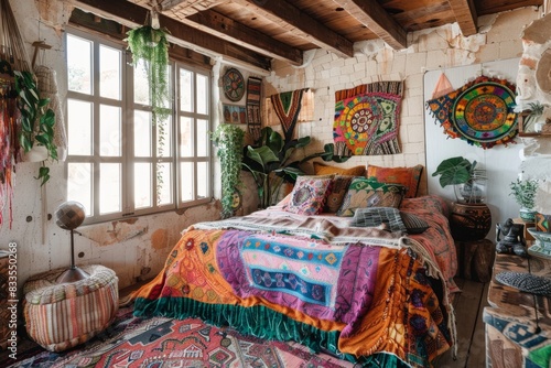 Bohemian Style Bedroom with Colorful Textiles and Plants © KhairulHakimin