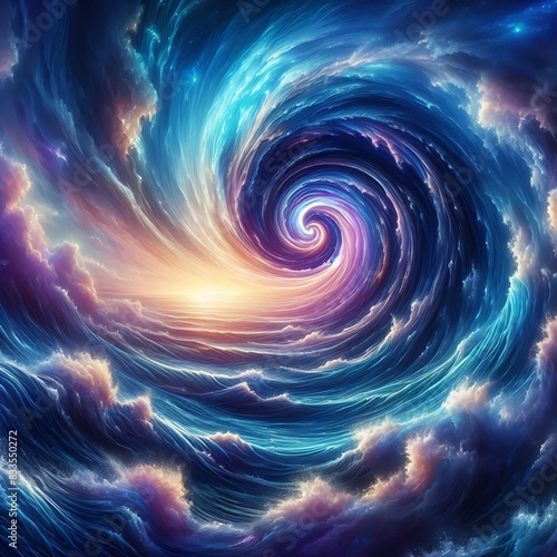 A digital artwork of a galaxy with blue and purple spirals 