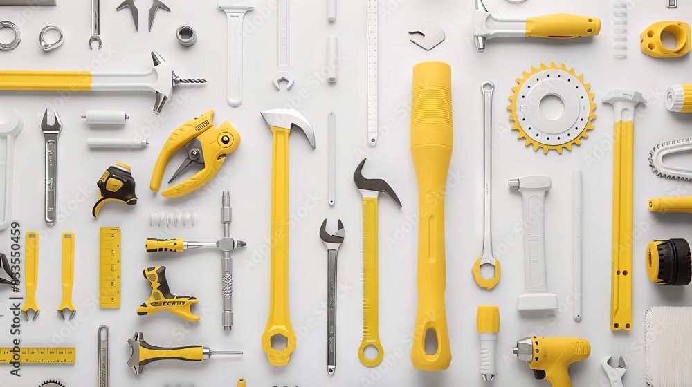 Fototapeta premium Various hand tools against a light background. Wrenches, pliers, and hammers. Concept of tools, repair, construction, DIY