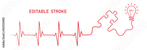 Editable lines heart rhythm illustration with puzzle piece, lightbulb vector design to use for healthcare, business idea, healthy lifestyle, brainstorm concept illustration projects. 
