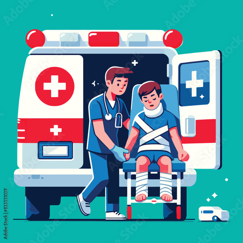 illustration of a healthcare worker helping an accident victim into an ambulance