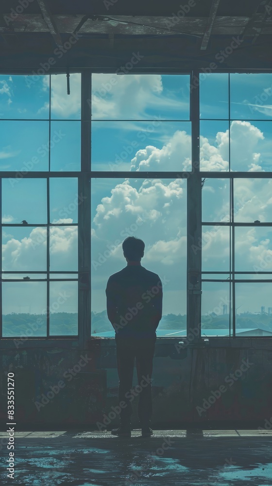 A man standing in contemplation in front of a large window A man standing in contemplation in front of a large window