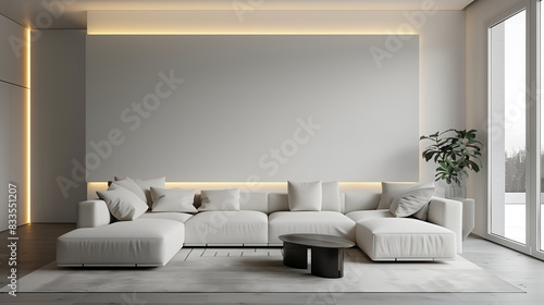 living room and white sofa is the centerpiece with a white wall