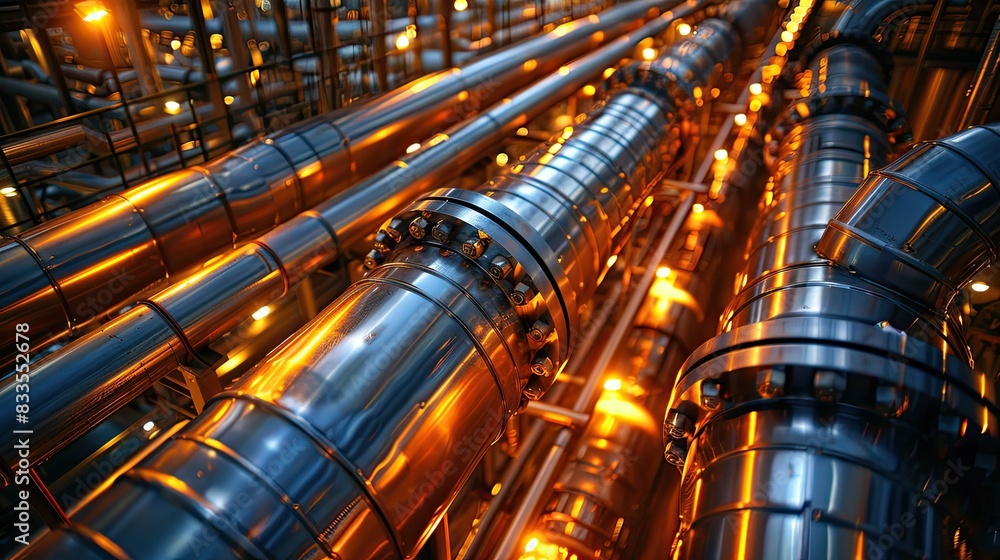 Close-up view of metallic pipelines in an industrial facility, with warm lighting creating reflections on the shiny surfaces. Close-up view of metallic pipelines in an industrial facility, with warm lighting creating reflections on the shiny surfaces.