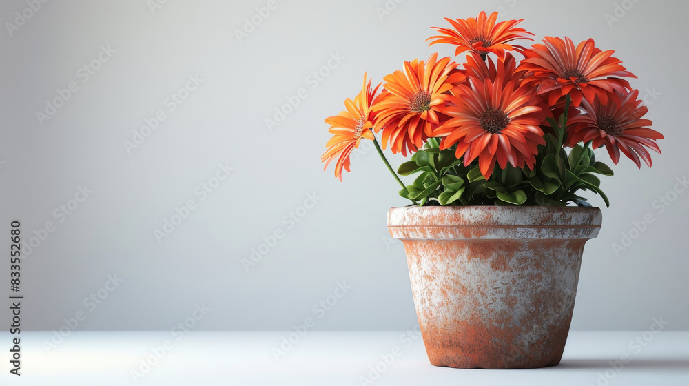 Realistic photo of a vibrant flowering plant in a classic clay pot on a white background, capturing the vivid colors and fine details of the petals and foliage in 4K resolution