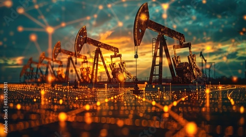 Digital representation of an oil drilling site with interconnected data points and oil pump jacks against a dramatic sunset background. photo