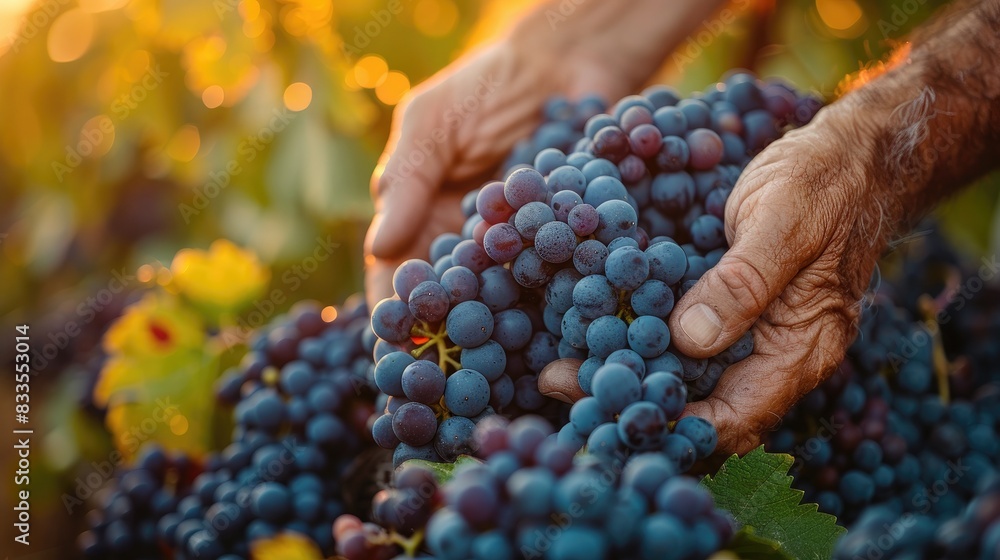 Fototapeta premium Hands holding ripe grape bunch during harvest season at vineyard with sunlight enhancing the vibrant fruit colors.