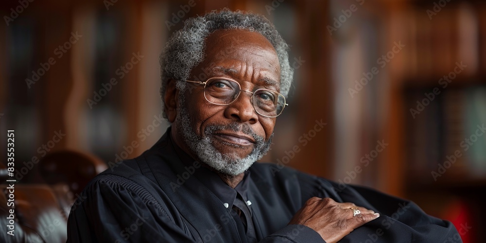 A grandfather professional judge, exuding wisdom and fairness, in a library portrait exuding confidence. A grandfather professional judge, exuding wisdom and fairness, in a library portrait exuding confidence.
