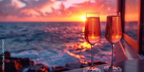 On a tranquil waterfront cliff, a couple enjoys sparkling wine at sunset.