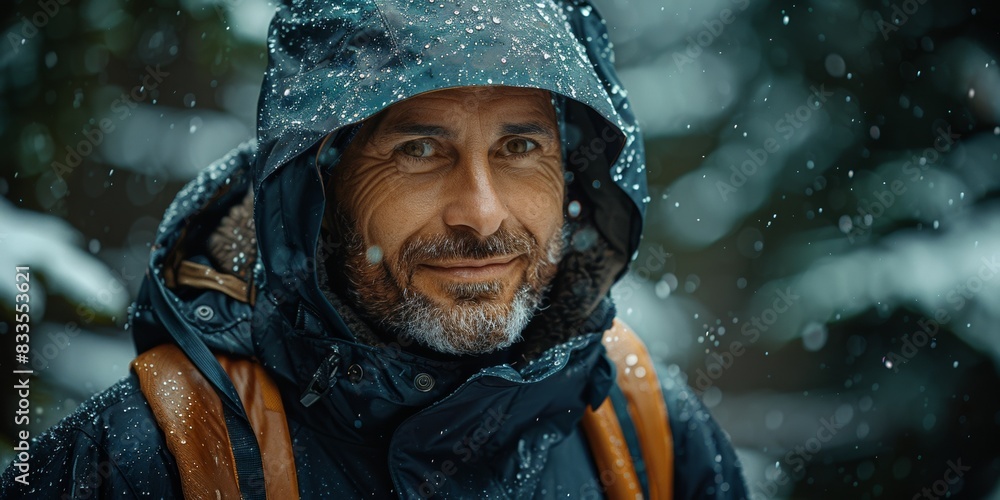 In an extreme blizzard, a smiling guy hikes through snow-covered nature, embracing the winter adventure. In an extreme blizzard, a smiling guy hikes through snow-covered nature, embracing the winter adventure.