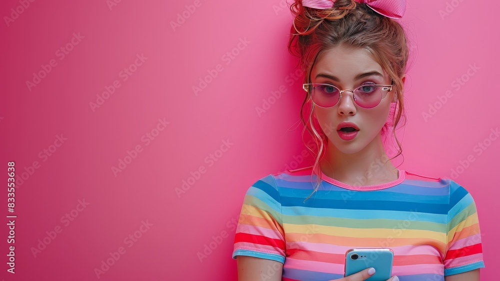 Girl With Glasses and Pink Bow Holding Cell Phone Girl With Glasses and Pink Bow Holding Cell Phone