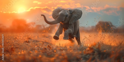 In the wilderness, a joyful baby elephant runs across the savanna, followed by its caring mother.