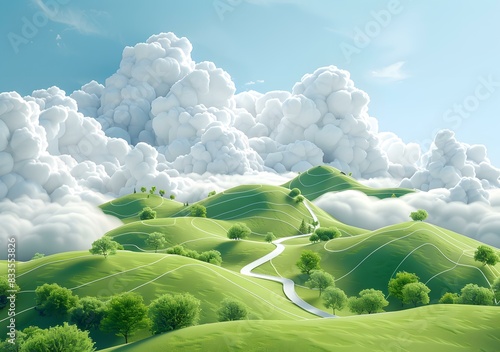 Green hills and blue sky with white clouds photo