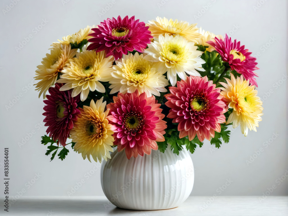 A bouquet of chrysanthemums in a ceramic vase creates a striking focal point against a white wall, ultra detailed, dof, copy space. A bouquet of chrysanthemums in a ceramic vase creates a striking focal point against a white wall, ultra detailed, dof, copy space.