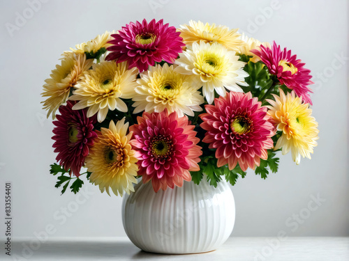 Wallpaper Mural A bouquet of chrysanthemums in a ceramic vase creates a striking focal point against a white wall, ultra detailed, dof, copy space. Torontodigital.ca