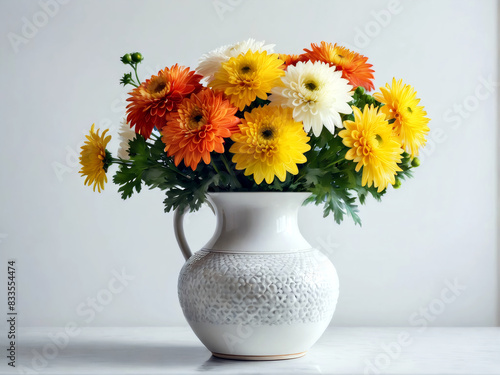 Wallpaper Mural A bouquet of chrysanthemums in a ceramic vase creates a striking focal point against a white wall, ultra detailed, dof, copy space. Torontodigital.ca