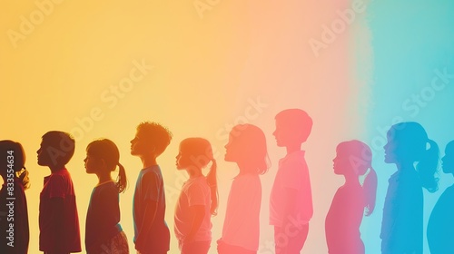 pastel background, multicolor silhouette of Children of different ethnicities stand . Generative Ai