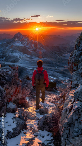 A nature butte scene with a lone hiker exploring the rugged terrain, the sun setting in the background