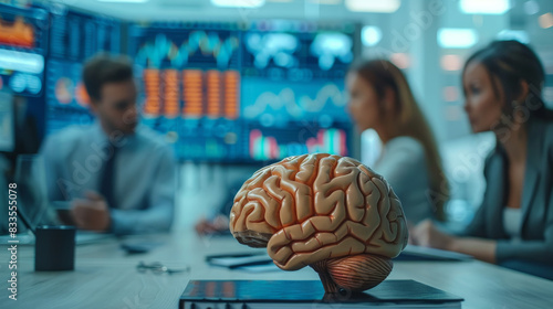 A team of business analysts in a contemporary office space, focusing on stock charts and financial reports, with a realistic brain model on the table representing cognitive insights and intelligence