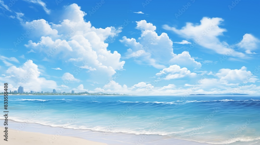 A Tranquil Beach Scene with Clear Blue Skies and Gentle Waves A Tranquil Beach Scene with Clear Blue Skies and Gentle Waves