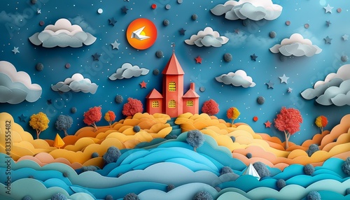 A colorful drawing of a building with a dome and a plane flying in the sky by AI generated image photo