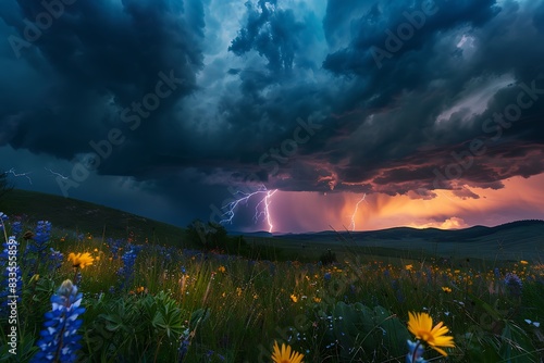 Dramatic summer thunderstorms with dark clouds and lightning illuminating the sky, set against a backdrop of rolling hills and wildflowers. photo