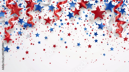 Confetti of red, white and blue stars with ribbons on white background, concept of 4th of July, holiday in USA, Independence Day